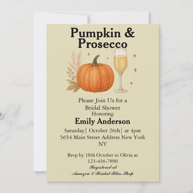Pumpkin & Prosecco Fall Halloween Bridal Shower Invitation (Front)