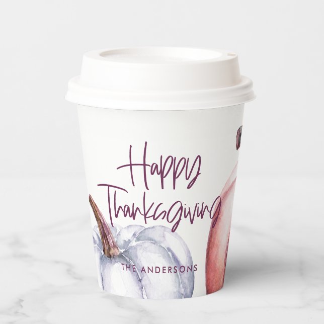 pumpkin purple floral fall thanksgiving party paper cups (Front)