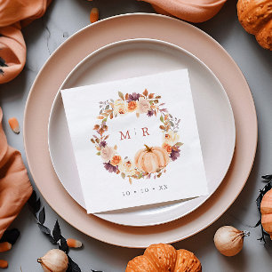 Pumpkin & Purple Floral Wreath Monogram Wedding Napkin
