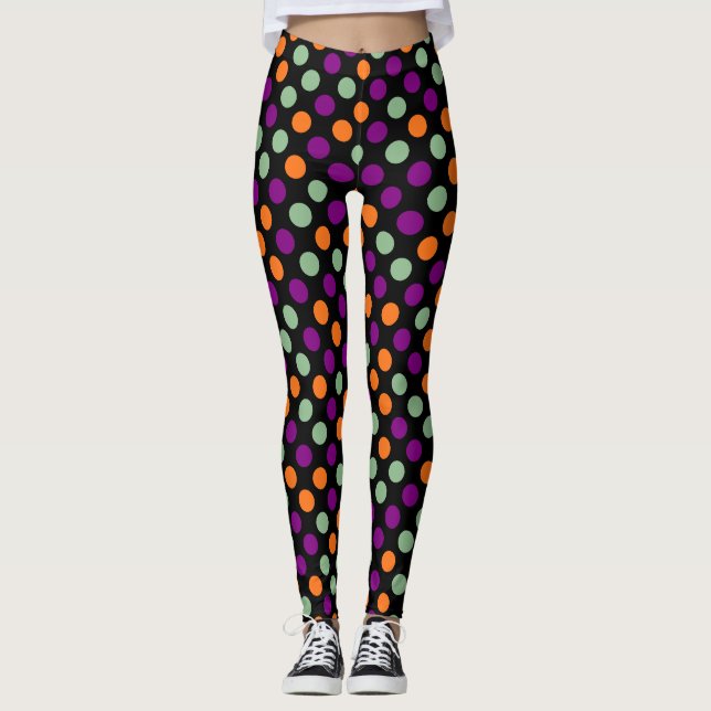 Pumpkin, Purple, Green and Black Colour Polka Dots Leggings (Front)