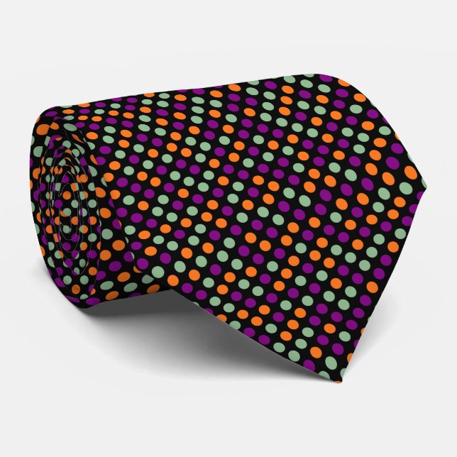 Pumpkin, Purple, Green and Black Colour Polka Dots Tie (Rolled)