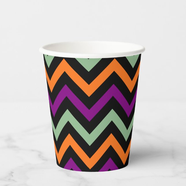 Pumpkin, Purple, Green and Black Horiz. Chevron Paper Cups (Front)