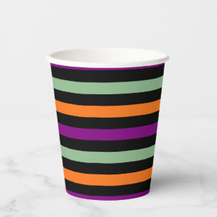 Pumpkin, Purple, Green and Black Horiz. Stripes Paper Cups