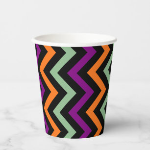 Pumpkin, Purple, Green and Black Vert. Chevron Paper Cups