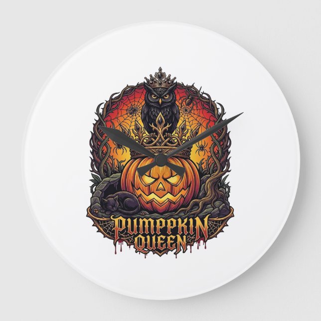 Pumpkin Queen Halloween Owl Spider Black Cat_1 Large Clock (Front)