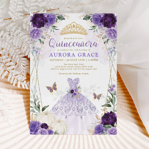 Pumpkin Quinceañera Princess Dress Purple Floral Invitation