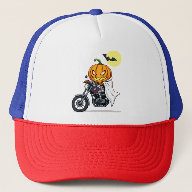 Pumpkin rides motorcycle trucker hat (Front)