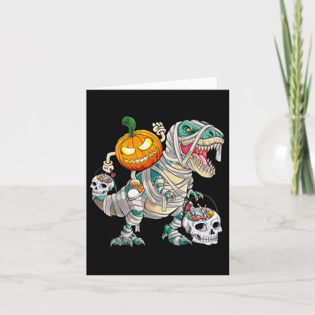 Pumpkin Riding Mummy Dinosaur T Rex Halloween Fun  Card (Front)