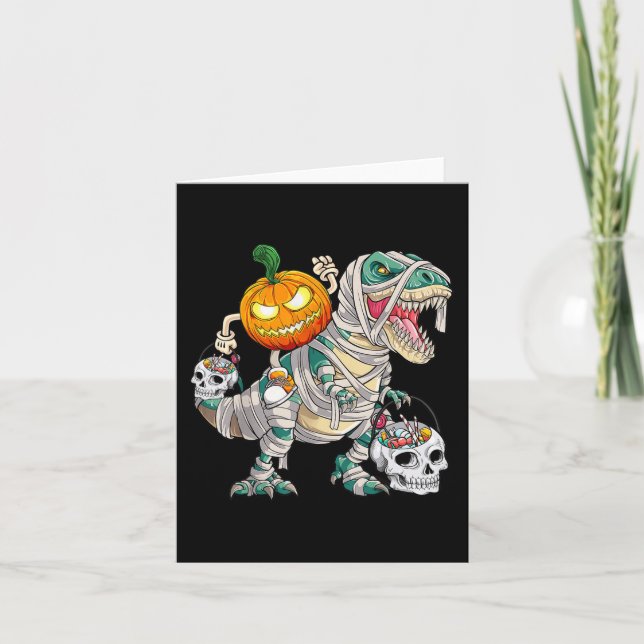Pumpkin Riding Mummy Dinosaur T rex Halloween Fun  Card (Front)