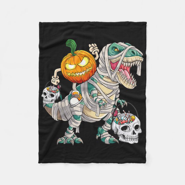Pumpkin Riding Mummy Dinosaur T Rex Halloween Fun  Fleece Blanket (Front)