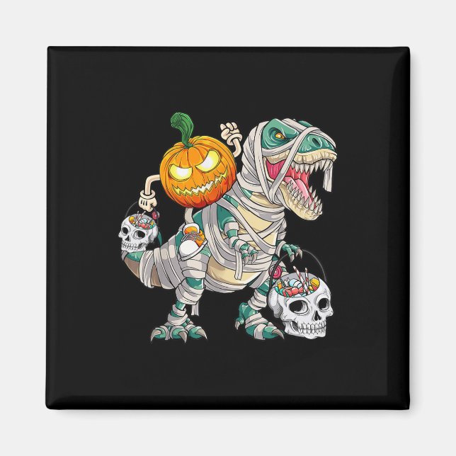 Pumpkin Riding Mummy Dinosaur T rex Halloween Fun  Magnet (Front)