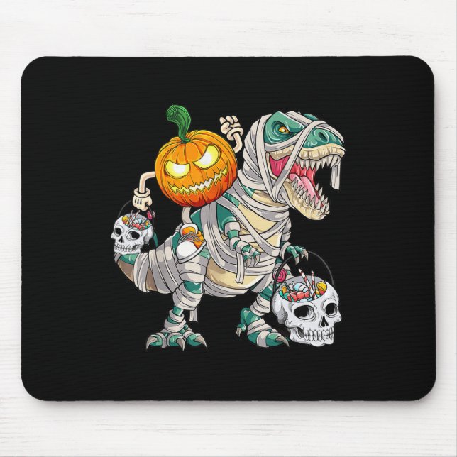 Pumpkin Riding Mummy Dinosaur T Rex Halloween Fun  Mouse Pad (Front)