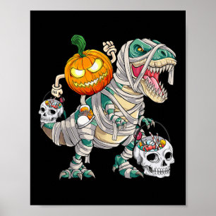 Pumpkin Riding Mummy Dinosaur T rex Halloween Fun  Poster