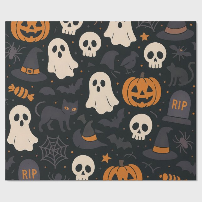 Pumpkin, RIP, Ghost Pattern Paper Wrapping Paper (Flat)