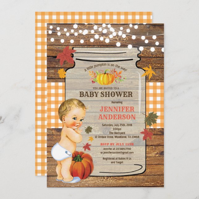 Pumpkin rustic baby shower invitation fall (Front/Back)