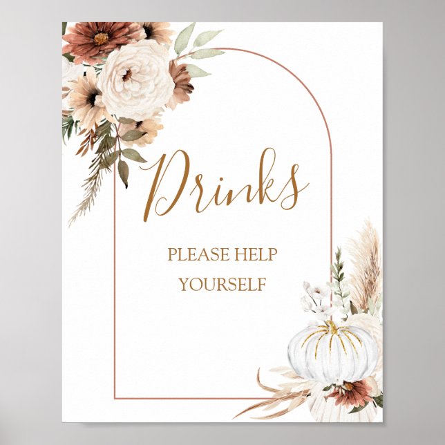 Pumpkin Rustic Boho Fall In Love Drinks Sign (Front)