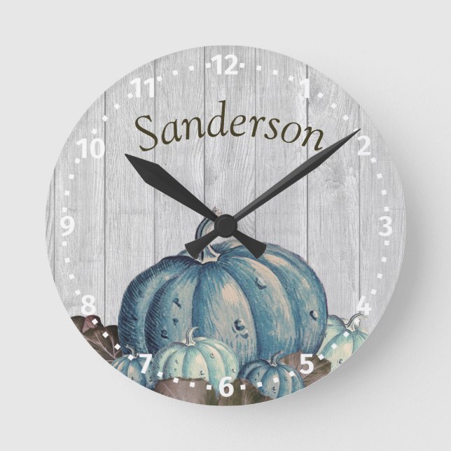 Pumpkin Rustic Cute Grey Wood   Round Clock (Front)