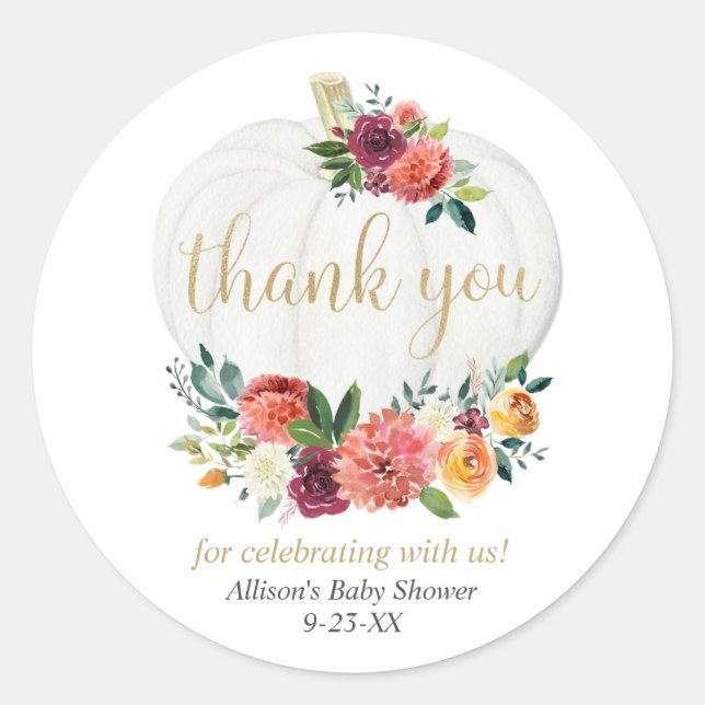 Pumpkin rustic fall floral burgundy gold greenery classic round sticker (Front)