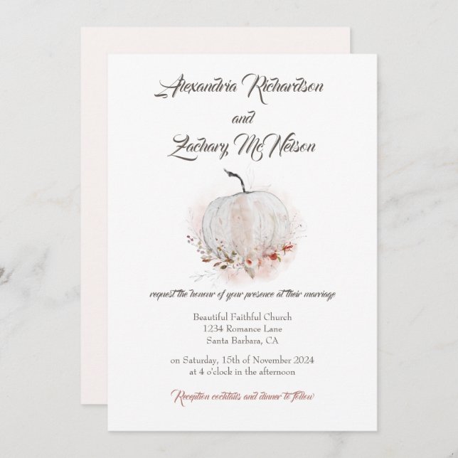Pumpkin Rustic Fall Watercolor Wedding Invitation (Front/Back)
