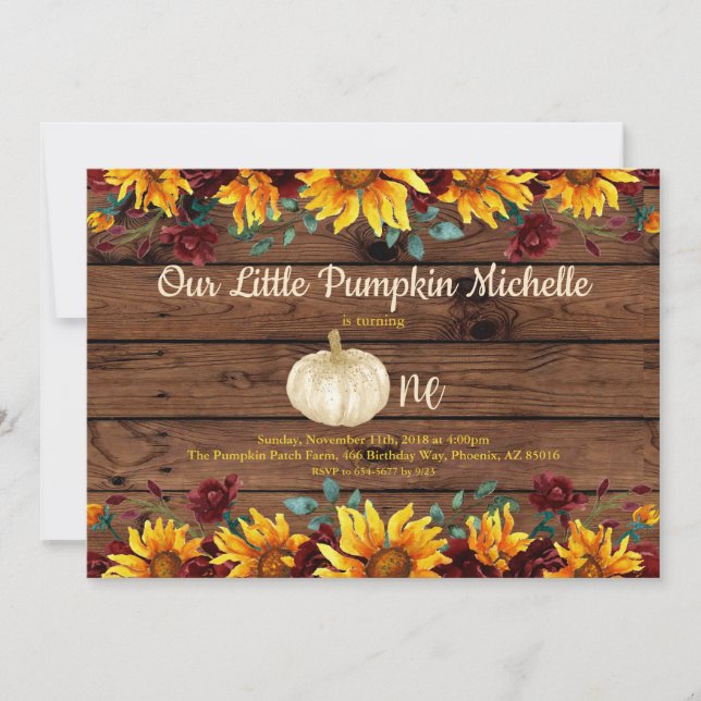 Pumpkin Rustic First Sunflower Burgundy Birthday Invitation (Front)