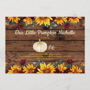 Pumpkin Rustic First Sunflower Burgundy Birthday Invitation