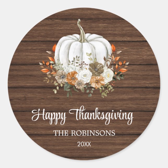 Pumpkin Rustic Happy Thanksgiving Favour  Classic Round Sticker (Front)