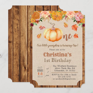 Pumpkin Rustic Leaves Wood 1st Birthday Invitation