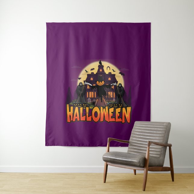 Pumpkin Scary House, Halloween Tapestry (In Situ)