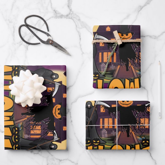 Pumpkin Scary House, Halloween Wrapping Paper Sheet (Front)