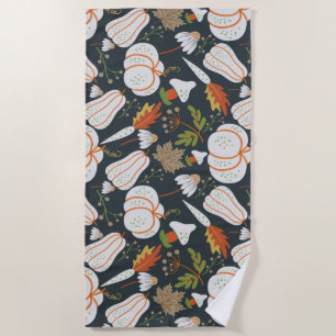 Pumpkin seamless pattern floral black and white beach towel