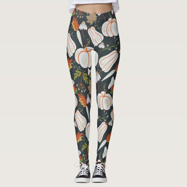 Pumpkin seamless pattern floral black and white leggings (Front)