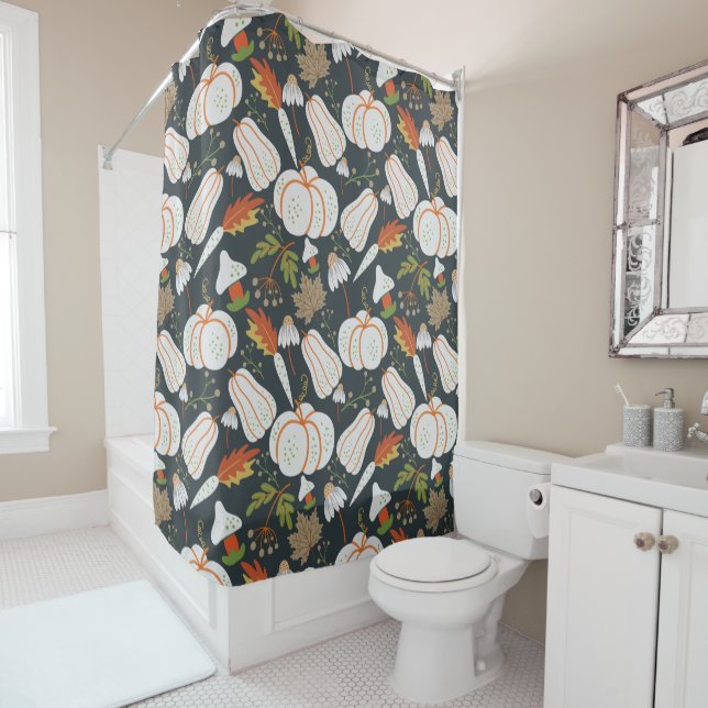 Pumpkin seamless pattern floral black and white shower curtain (In Situ)