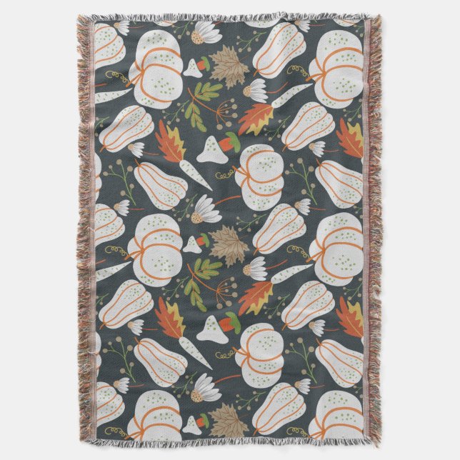 Pumpkin seamless pattern floral black and white throw blanket (Front Vertical)