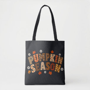Pumpkin Season Fall Autumn Floral Plaid Typography Tote Bag