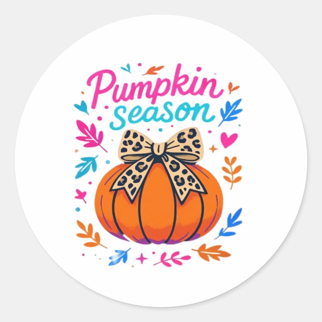 Pumpkin Season Leopard Bow Design – Cute Fall Aest Classic Round Sticker (Front)