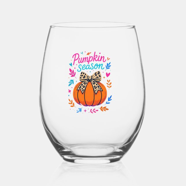 Pumpkin Season Leopard Bow Design � Cute Fall Aest Stemless Wine Glass (Front)