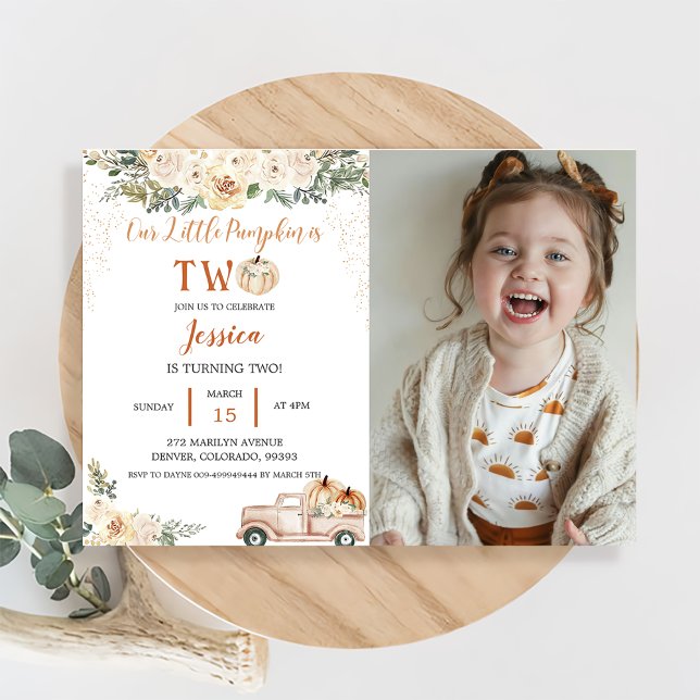 Pumpkin Second Birthday Our Little Pumpkin Is Two Invitation (Creator Uploaded)