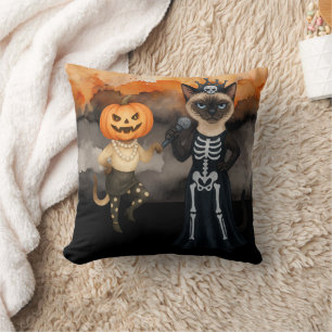 Pumpkin Siamese Cat for Cat Lovers Halloween Cushion
