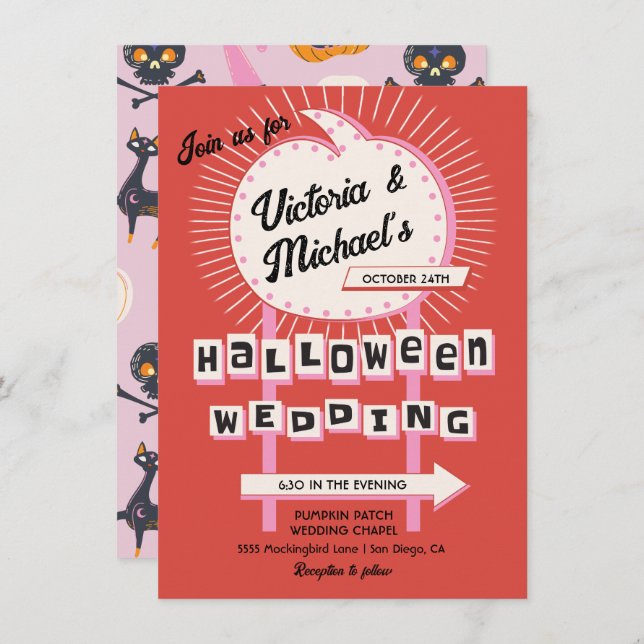 Pumpkin sign Mod Halloween Wedding Invitation (Front/Back)