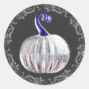 Pumpkin silver glass blue fall elegant  classic round sticker