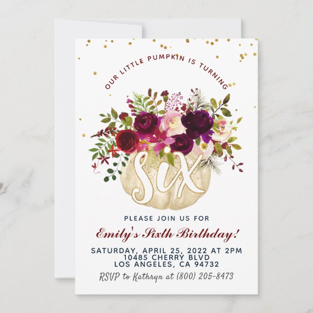 Pumpkin Sixth Birthday Invitation (Front)