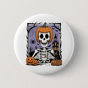 Pumpkin Skeleton Drinking Coffee 6 Cm Round Badge