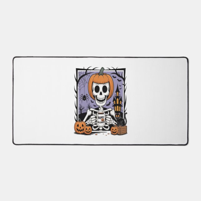 Pumpkin Skeleton Drinking Coffee Desk Mat (Front)