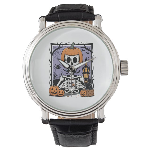 Pumpkin Skeleton Drinking Coffee Watch (Front)