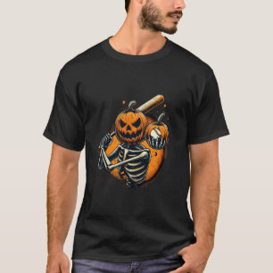 Pumpkin Skeleton playing Baseball Player Halloween T-Shirt