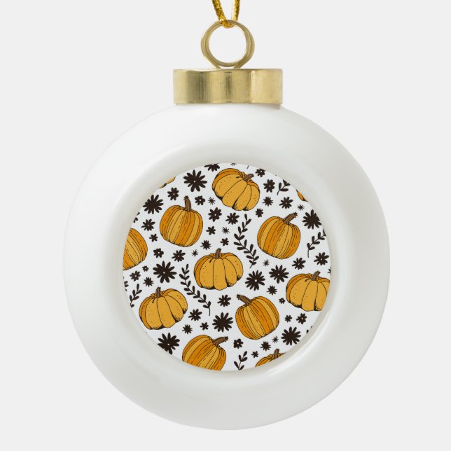 Pumpkin sketches: hand-drawn seamless pattern. ceramic ball christmas ornament (Front)