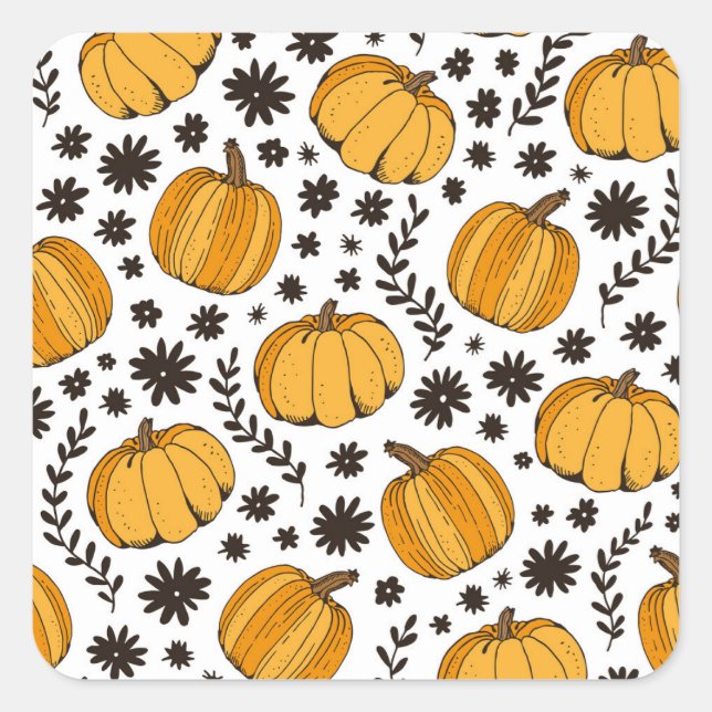 Pumpkin sketches: hand-drawn seamless pattern. square sticker (Front)