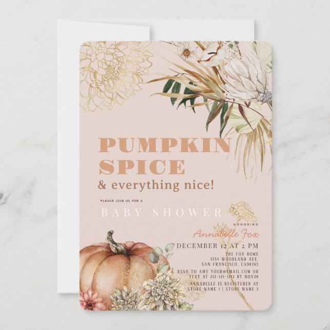 Pumpkin Spice Boho Floral Pink Girl Baby Shower Invitation (Front)