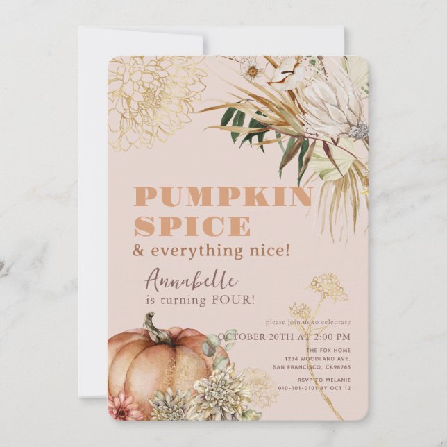Pumpkin Spice Boho Floral Pink Girl Birthday Invitation (Front)