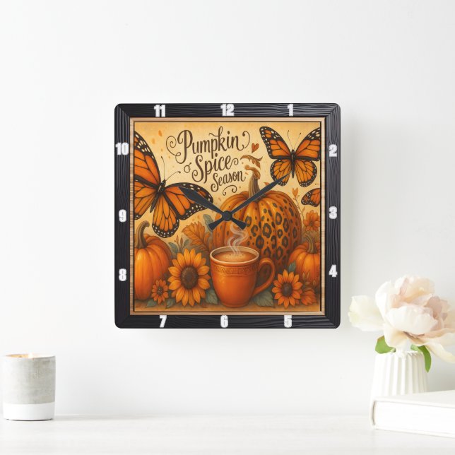 Pumpkin Spice Butterflies Autumn  Square Wall Clock (Home)